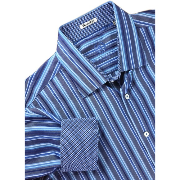 Bugatchi Uomo Other - Bugatchi Shirt Large Shaped Fit BLUE Striped Flip Cuff Button Up Long Sleeve Men